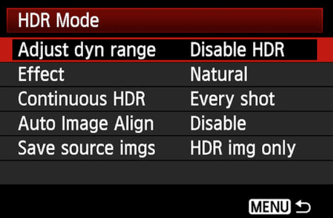 Opciones de menú del modo HDR en un héroe gopro