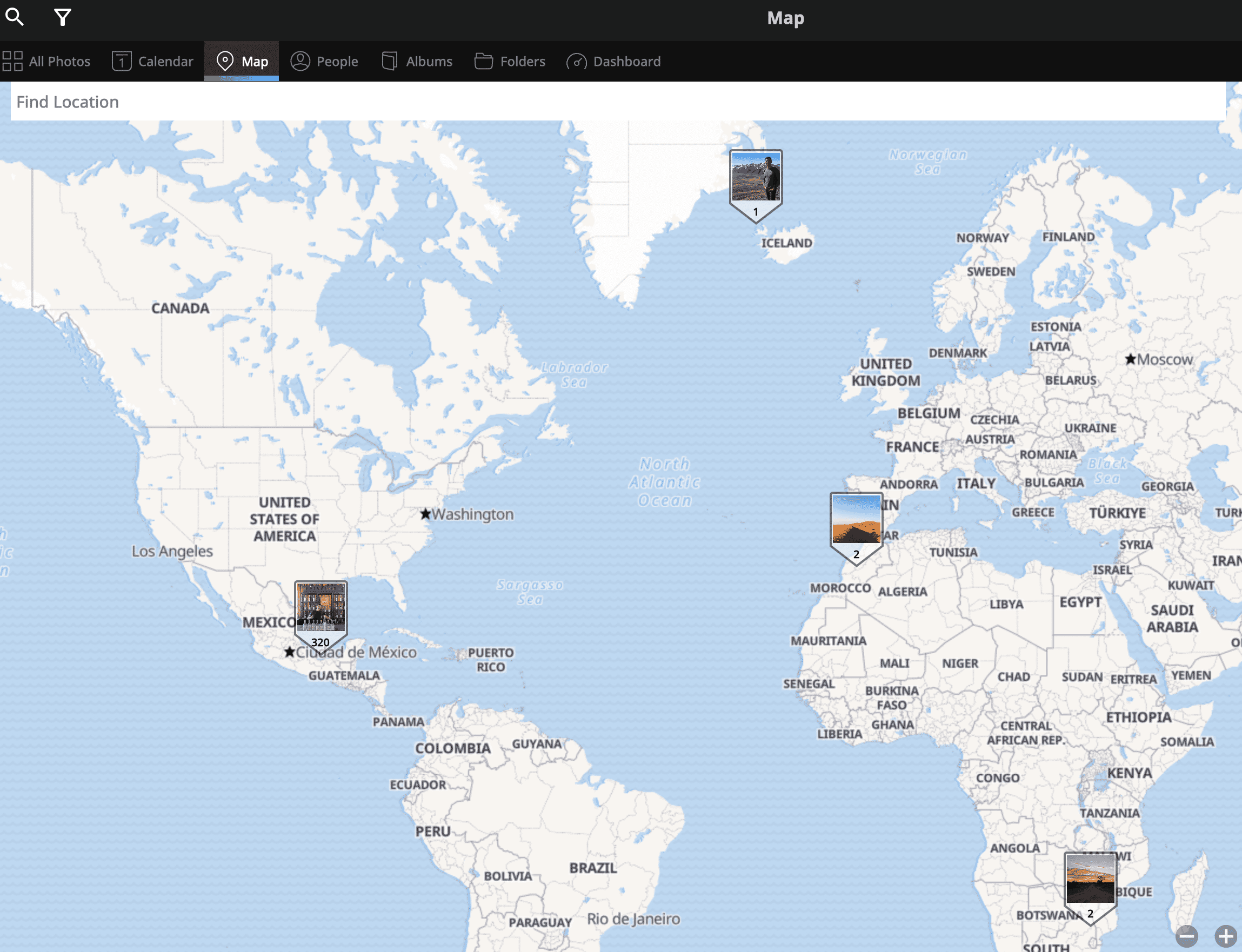 Visualización del mapa de geoetiquetas de la aplicación Mylio en el escritorio