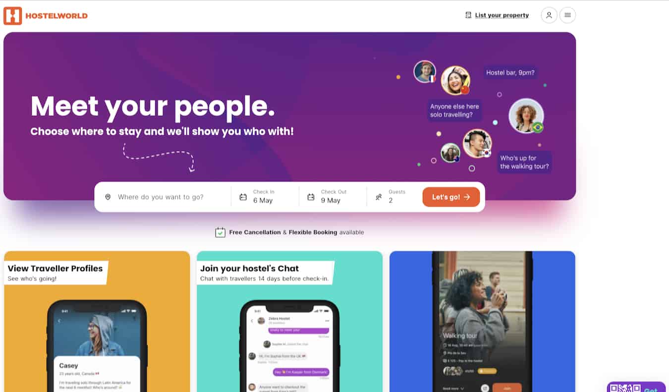 Captura de pantalla de la página de inicio del sitio web de viajes de Hostelworld