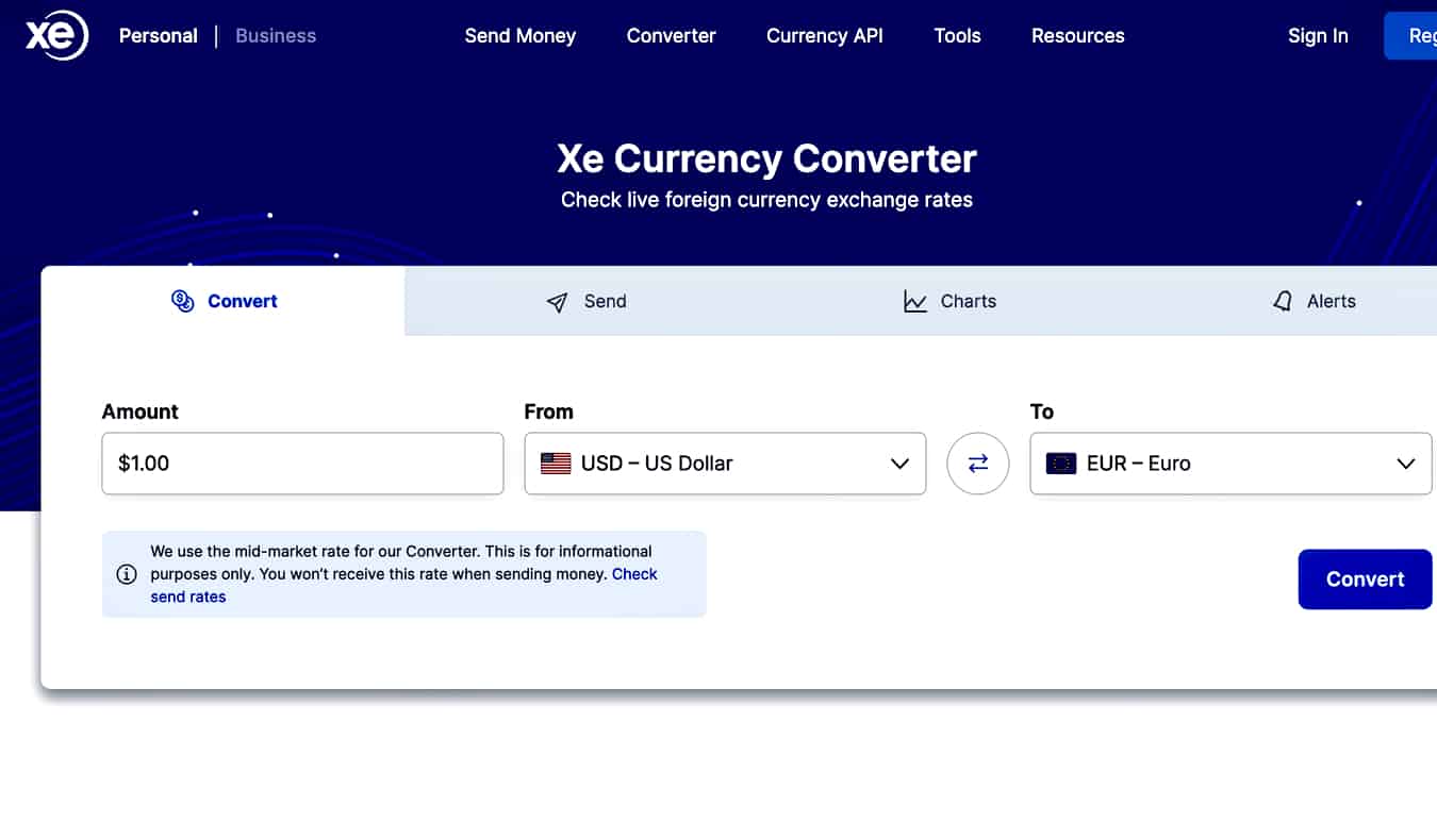 La página de inicio de la aplicación de divisas XE