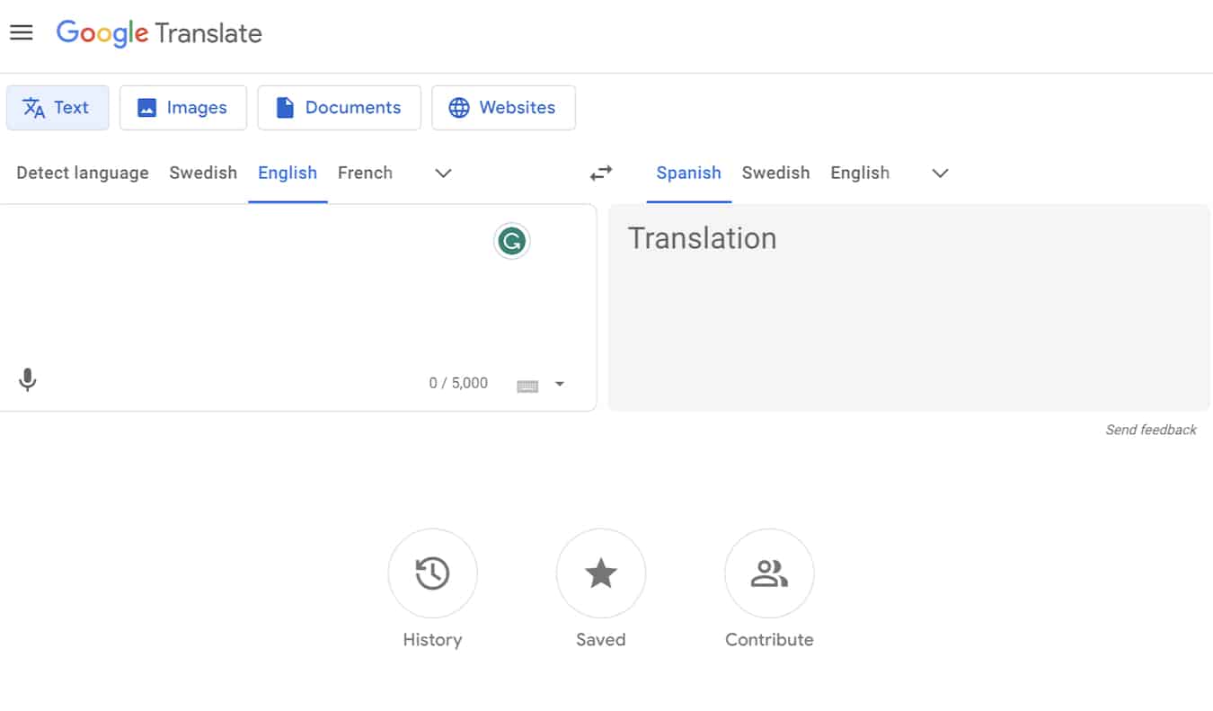 La página de inicio de la aplicación Google Translate, una aplicación de viajes popular