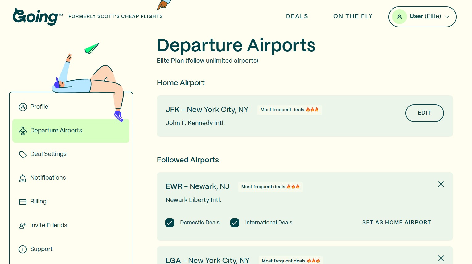 Una captura de pantalla del sitio web de viajes Going que muestra a JFK y Newark escogidos como aeropuertos de salida