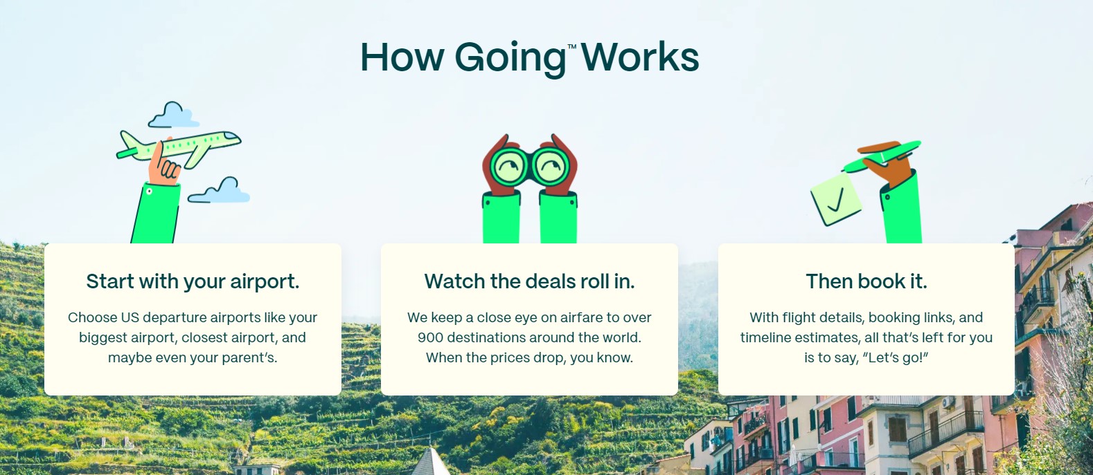Captura de pantalla del sitio web de viajes Going con tres cuadros que explican cómo funciona el servicio'
