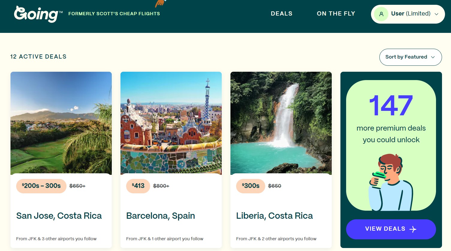 Captura de pantalla del sitio web de viajes Going que muestra 12 ofertas de vuelos activas para la suscripción limitada