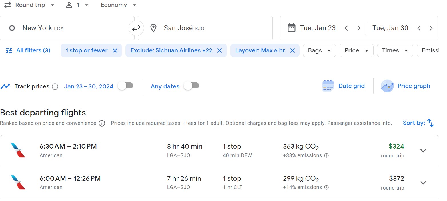 Captura de pantalla de Google Flights con filtros ya seleccionados para mostrar un vuelo barato de Nueva York a San José, Costa Rica