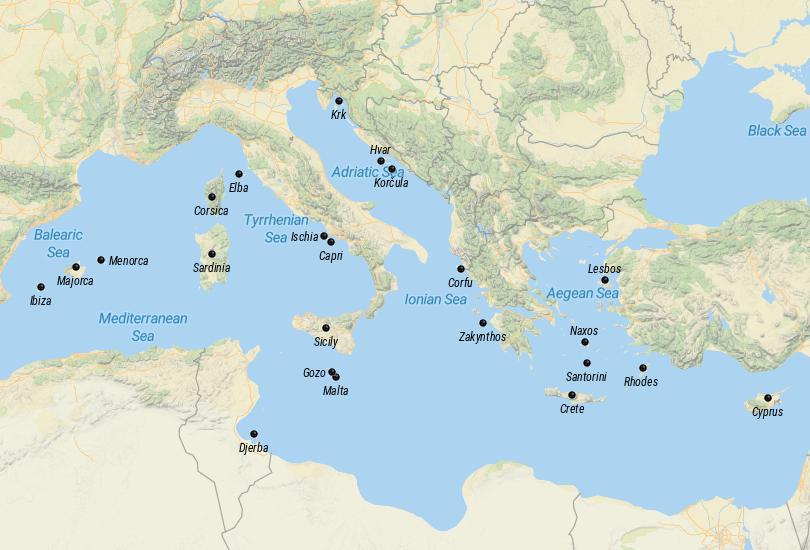 Mapa de las islas del Mediterráneo