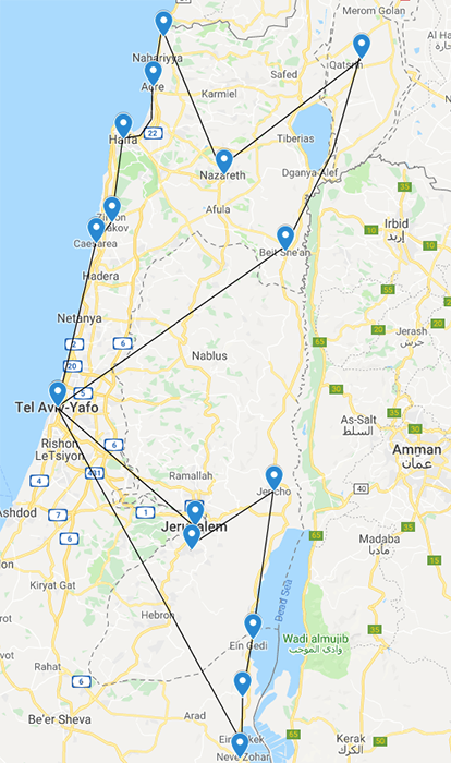 un mapa para la ruta de conducción sugerida por Israel