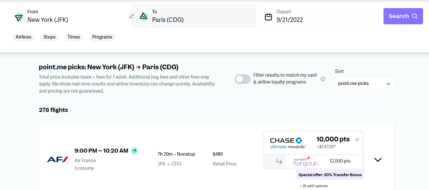 Se acabó el resultado de la búsqueda de JFK en CDG, que muestra el mejor resultado de vuelo, un vuelo sin escalas por 10.000 puntos y 147 USD.