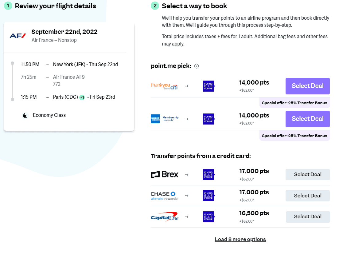 Detalles del vuelo de JFK a CDG y todos los diferentes programas de recompensas que puede utilizar para reservar este vuelo.