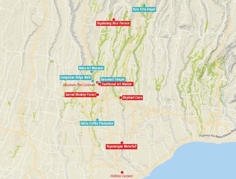 Mapa de cosas que hacer en Ubud, Bali 