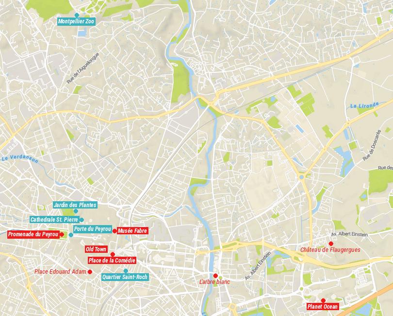 Mapa de cosas que hacer en Montpellier, Francia