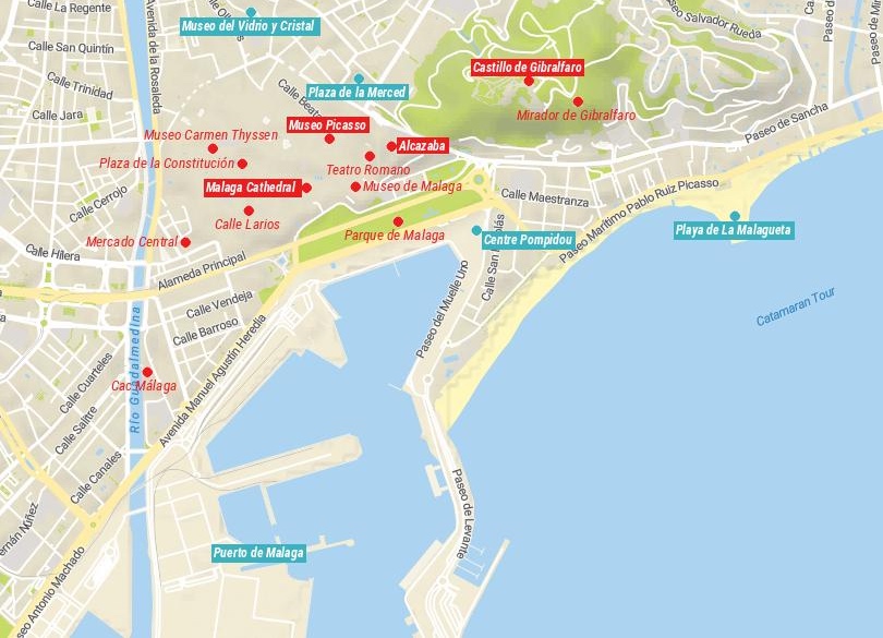 Mapa de cosas que hacer en Málaga, España