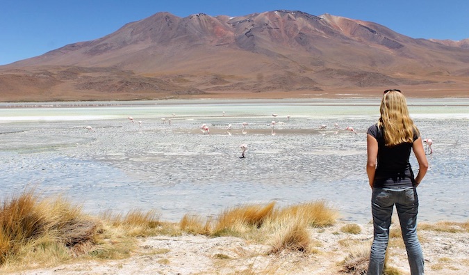 mujer mirando a la distancia al desierto con flamencos