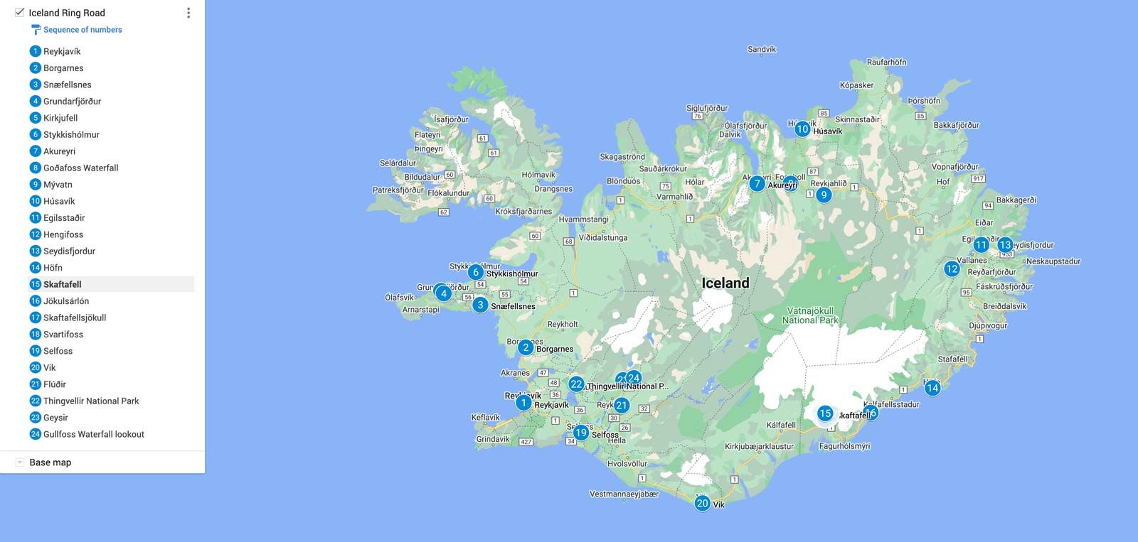 Mapa del itinerario de la carretera de circunvalación de Islandia