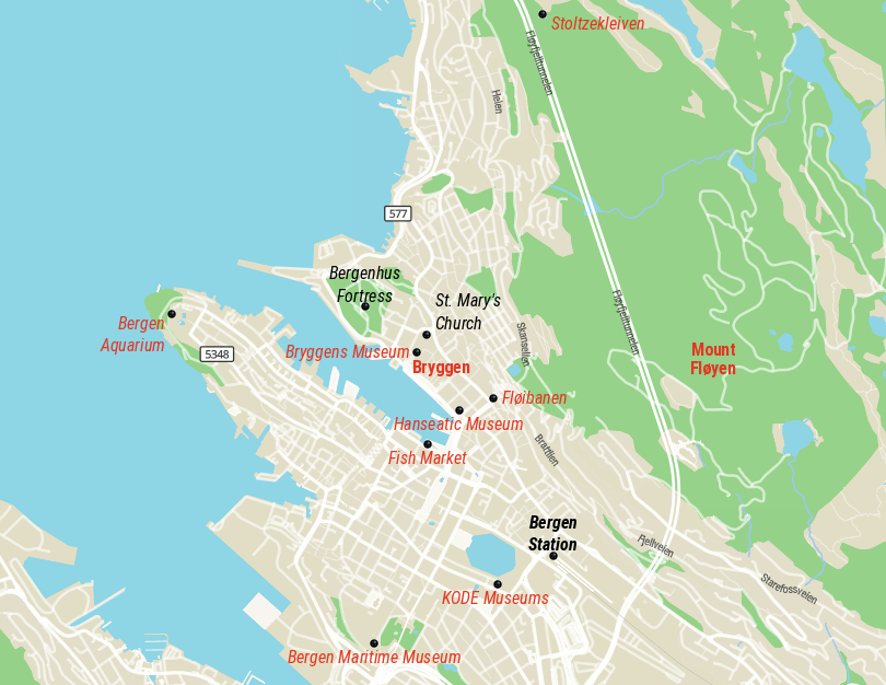 Mapa de atracciones en Bergen