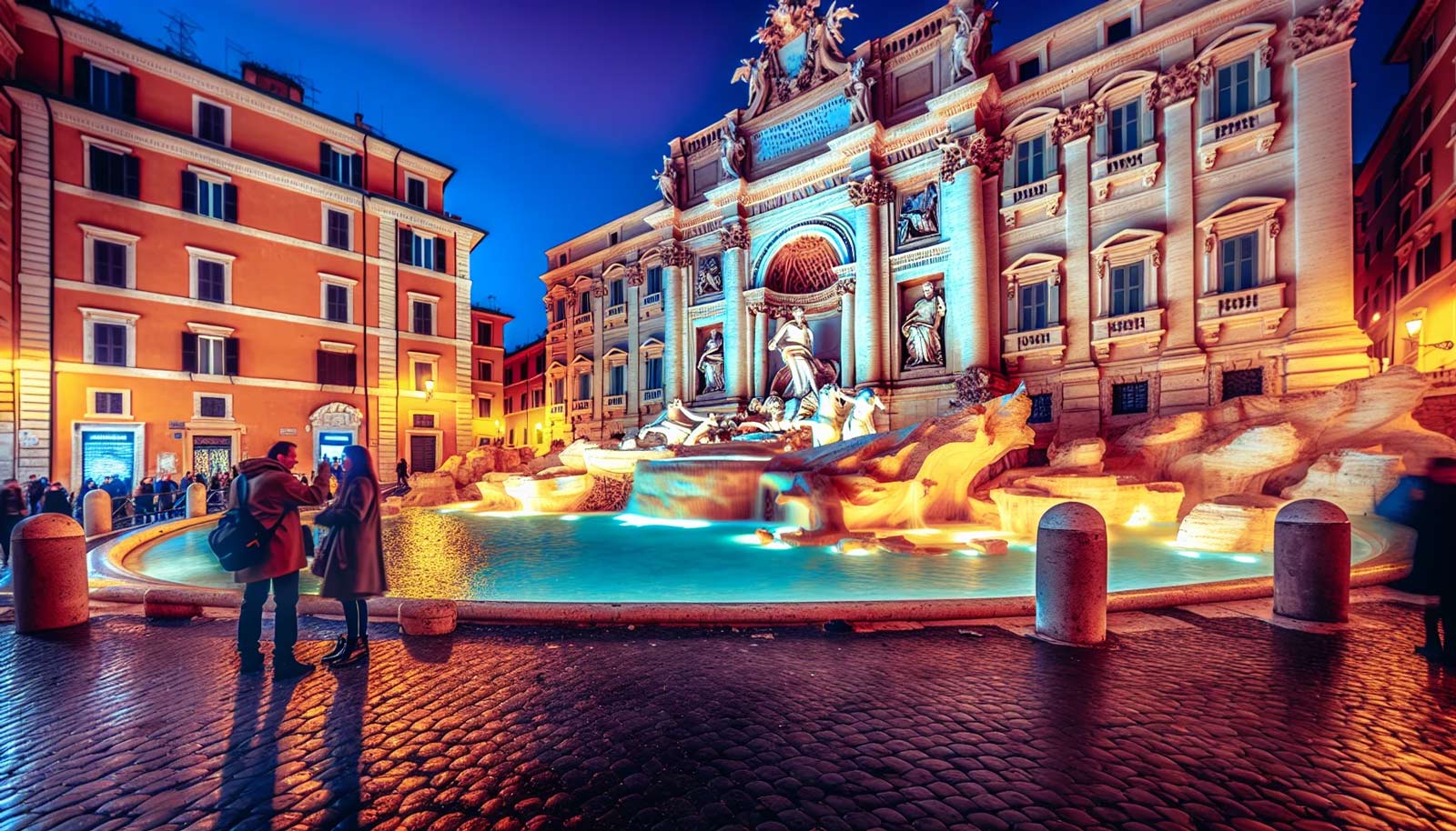 Fontana de Trevi y plaza de España al atardecer