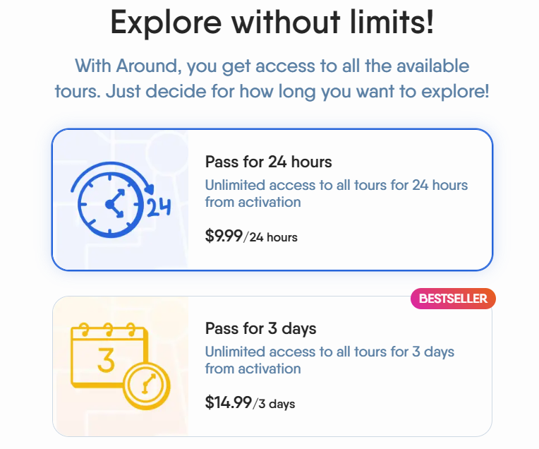 Una captura de pantalla del sitio web de Around, que muestra los precios de los abonos de 24 horas y de 3 días