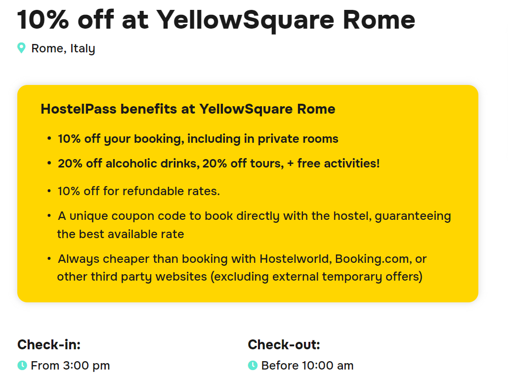 Captura de pantalla del sitio web de HostelPass que muestra la lista de descuentos que puede obtener reservando el albergue YellowSquare Roma a través de HostelPass