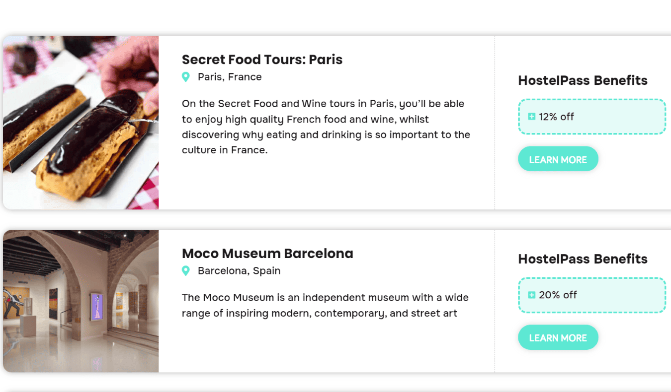 Captura de pantalla del sitio web de HostelPass que muestra los descuentos disponibles para un tour gastronómico en París y un museo en Barcelona