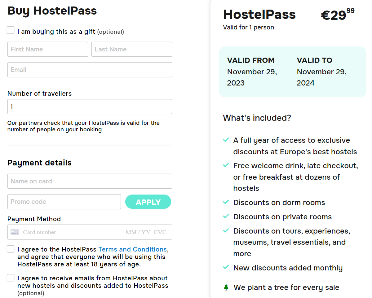 Página de compra de HostelPass