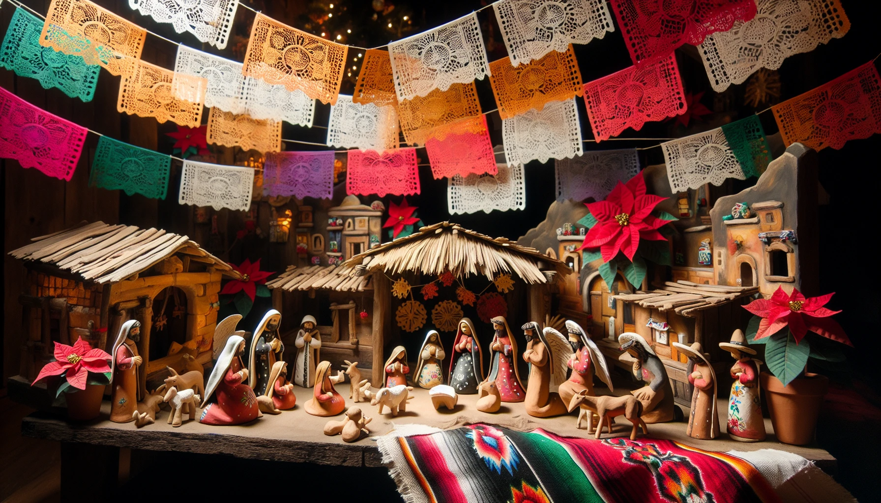 Belén con decoraciones tradicionales mexicanas de Navidad en México