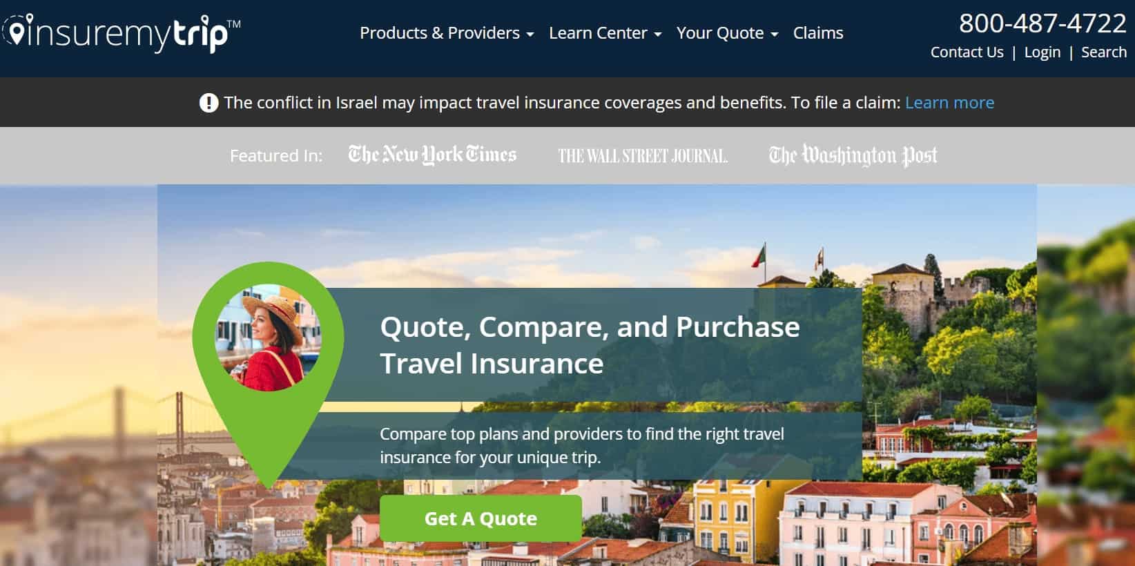 Captura de pantalla de la página de inicio de InsureMyTrip, un sitio web para encontrar un seguro de viaje