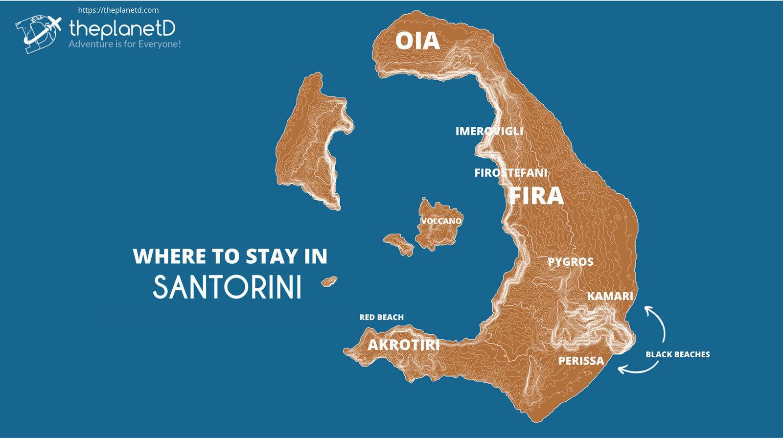 Mapa de donde alojarse en Santorini por ciudad