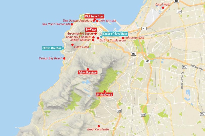 Mapa detallado de atracciones turísticas en Ciudad del Cabo