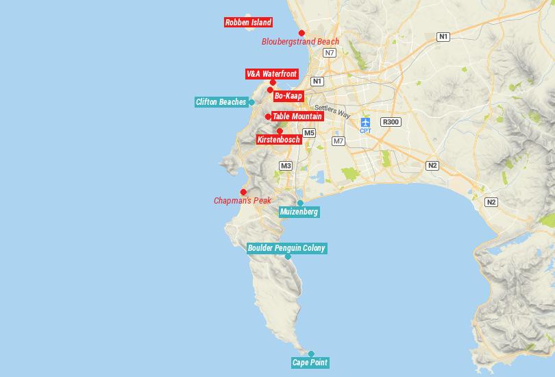 Mapa grande de atracciones turísticas en Ciudad del Cabo