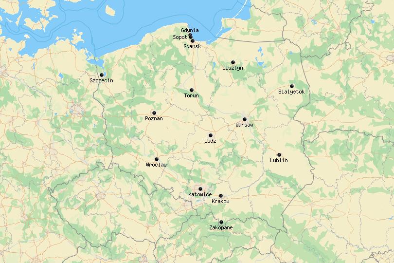 Mapa de las ciudades de Polonia