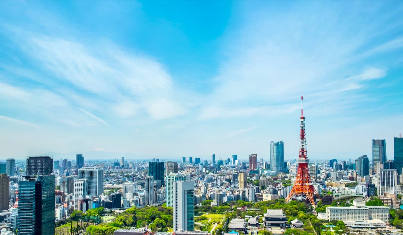 El extenso horizonte de Tokio, Japón con la famosa Torre de Tokio a la vista