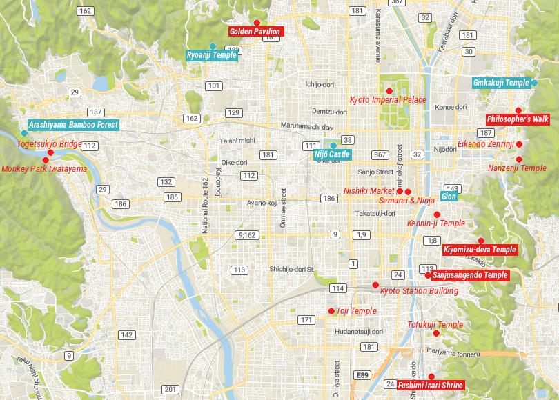 Mapa de cosas que hacer en Kioto, Japón