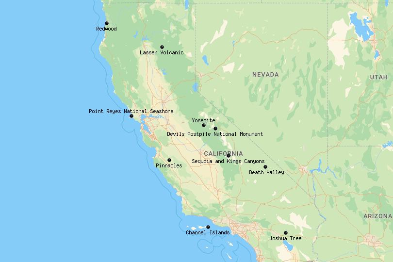 Mapa de los parques nacionales de California