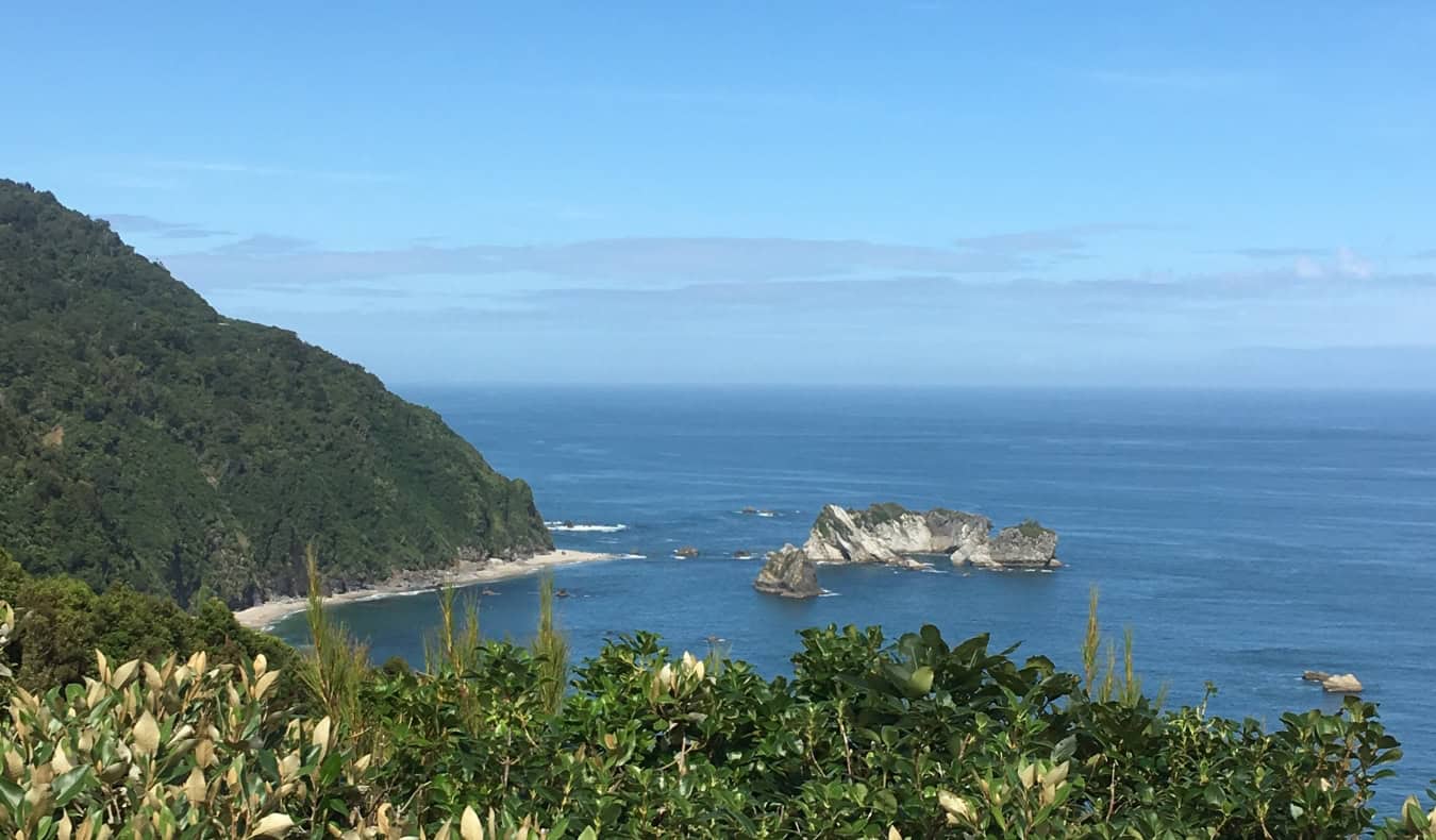 Vista de gran masa de agua con bancos frondosos en la isla sur de Nueva Zelanda.